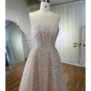 Arabic Beige A-Line Evening Dress 2024: Strapless, Beaded, Elegant - Ideal for Women's Wedding Party