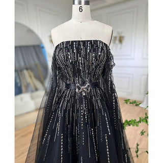 Black A-Line Strapless Evening Dresses 2024 - Cape Sleeves with Luxury Crystal Beading for Women's Party