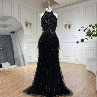 Dubai Halter Beige Feathers Beaded Formal Luxury Mermaid Evening Dress for Women Wedding Party 2024