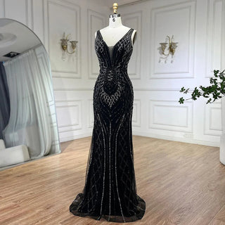 2024 Blue Mermaid Elegant Spaghetti Straps Beaded Luxury Evening Dress - Gown for Women's Wedding Party