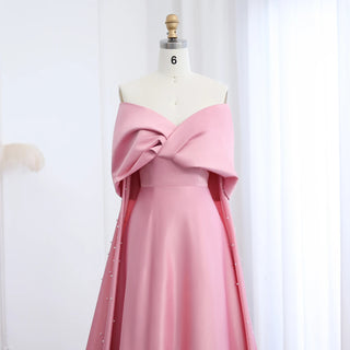 Luxury Dubai Pink Satin Evening Dress with Train 2024 Elegant Off-Shoulder Arabic Gown for Women's Wedding Party