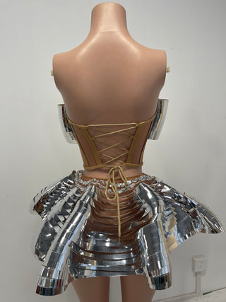 Futuristic Metallic Structured Corset and Skirt Set