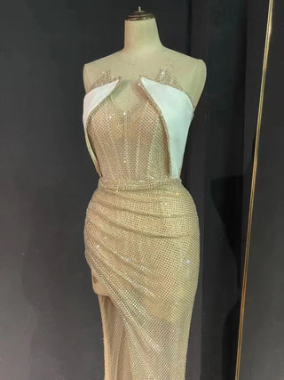 Sexy Champagne Mermaid Dress with High Slit and V-Neck - Stage Evening Fashion Dress