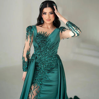 Ships in 1 to 3 Days - Luxury Dubai Green Mermaid Lace Beaded Satin Evening Dresses Formal Gowns 2024 For Woman Wedding Party