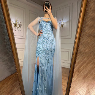 Blue Mermaid Sexy Long Cape Sleeves Evening Dress - High Split Luxury Beaded Gown 2024 for Women's Party