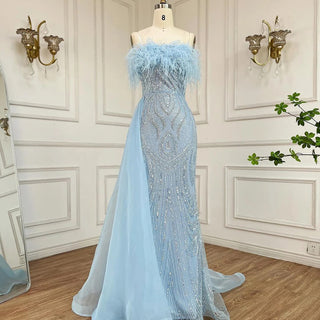 Ships in 1 to 3 Days - 2024 Arabic Blue Strapless Mermaid Evening Gown with Overskirt and Feather Beaded Dress for Women's Party