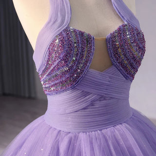 Elegant Lilac Halter Ball Gown Evening Party Dress for Women