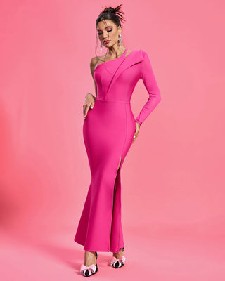 Fashionable Pink One-Sleeve Evening Dress - Elegant Diagonal Collar Bodycon Bandage Dress for Ladies