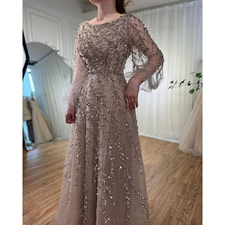 Muslim Caramel A-Line Beaded Luxury Dubai Long Evening Dress - Gown for Women's Wedding Party 2024