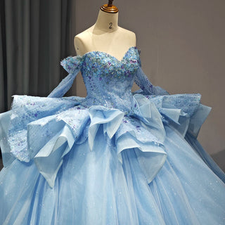 Bling Blue Off-Shoulder Puffy Quinceañera Gown with Sequins and Beading