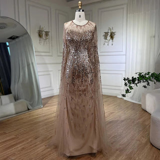 Luxury Gold Cape Sleeves A-Line Evening Gown 2024: Beaded for Women's Wedding Party