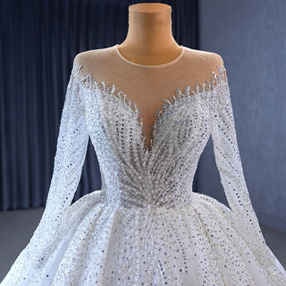 Luxury Heavy Beaded Long Sleeve Puffy Ball Gown Wedding Dress