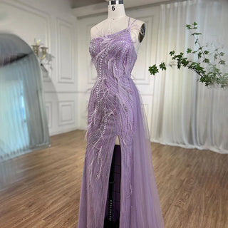 Lilac Mermaid Elegant One Shoulder Evening Dress with Feathers and Beaded Detail - Women's Wedding Party Gown 2024