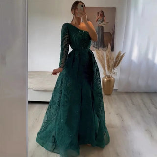 Emerald Green One-Shoulder Mermaid Evening Dress with Overskirt: Luxury Formal Party Gowns for Plus Size Women's Wedding