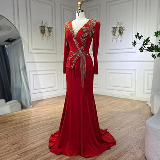 Arabic Red Mermaid Dresses for Women, Elegant Tassel, Beaded, Luxury, Dubai Evening Gowns, Wedding Party