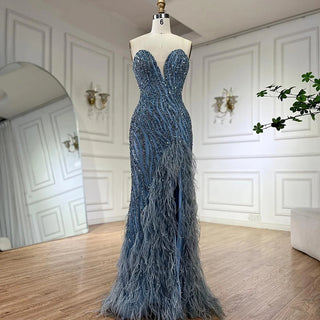 Ships in 1 to 3 Days - 2024 Arabic Strapless Blue Beaded Feathers Luxury Dubai Evening Gowns with Side Skirt for Women's Party