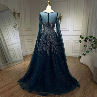 Ships in 1 to 3 Days - Navy Blue Luxury Evening Dress with Cape Sleeves - A-Line Beaded Gown for Women's Wedding Party 2024