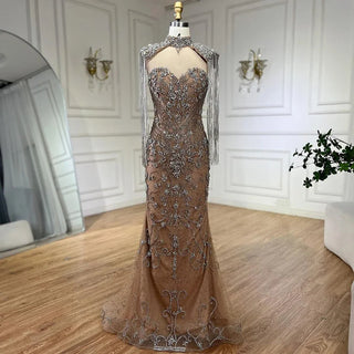 Ready to Ship - Arabic Caramel Mermaid Tassel Beaded Luxury Dubai Evening Dress - 2024 Collection