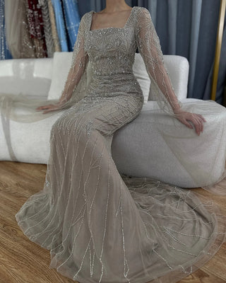 Arabic Nude Cape Sleeves Mermaid Saudi Evening Dresses Beaded Party Gowns for Occasion