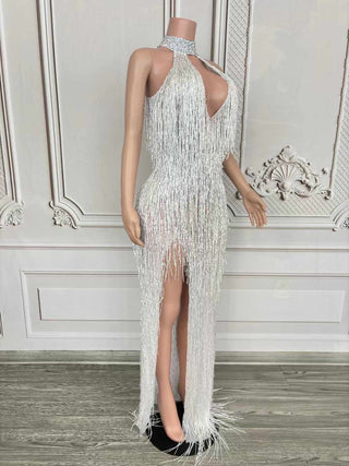 Glamorous Halter-Neck Fringe Gown with Sparkling Details