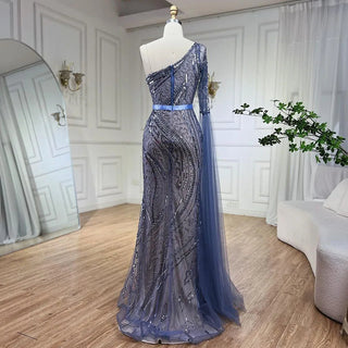 Ships in 1 to 3 Days - 2024 Blue Mermaid One Shoulder Elegant Cap Sleeve Beaded Evening Dress Gown for Women Wedding Party