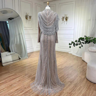 Ships in 1 to 3 Days - 2024 Muslim Silver Nude Beaded Sparkle Elegant Luxury Mermaid Evening Dresses: Gowns for Women's Party