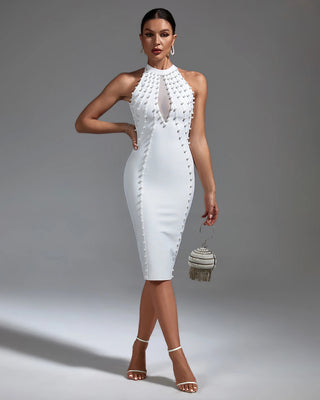 Open Back White Dress for Women - Sleeveless Pearl Beaded Midi Evening Dress, Elegant Summer Casual Dress