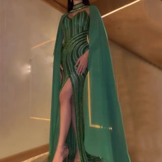 Ships in 1 to 3 Days - Green Elegant Mermaid Luxury Evening Gown 2024 with High Split and Cape Sleeves - Perfect for Women's Parties