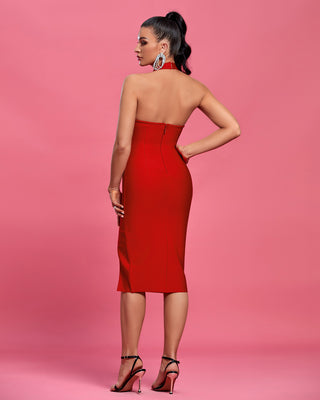 Ships in 1 to 3 Days -Bold Red Halter Midi Dress with Side Slit