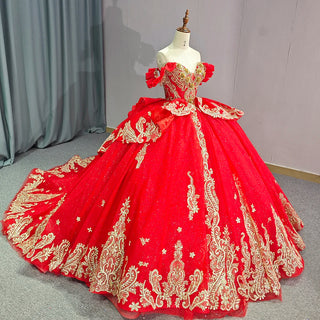 Shiny Red Sweetheart Lace Embroidery Quinceañera Party Gown