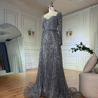 2025 Gray Mermaid Beaded Evening Gown with Overskirt for Formal Occasions.