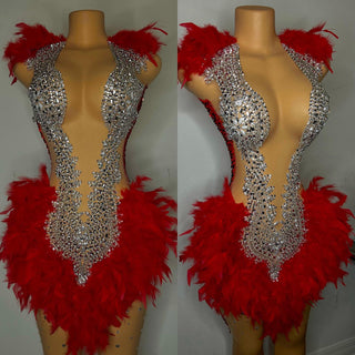 Glamorous Crystal Embellished Feather Mini Dress with Plunge Neckline