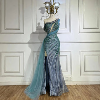 2024 Arabic One-Shoulder Blue Mermaid Gown with High Split and Luxury Beading - Saudi Evening Dress for Formal Occasions