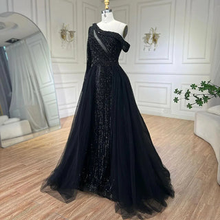 Ships in 1 to 3 Days - 2024 Black One-Shoulder With Overskirt Luxury Beaded Formal Occasion Evening Dresses Gowns for Women Party