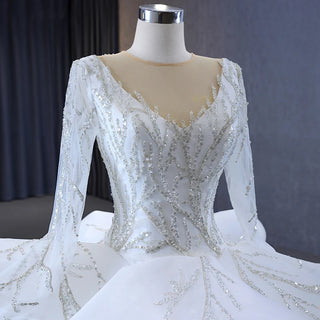 Luxury Long Sleeve Ruched Empire Bridal Wedding Ball Gown Dress