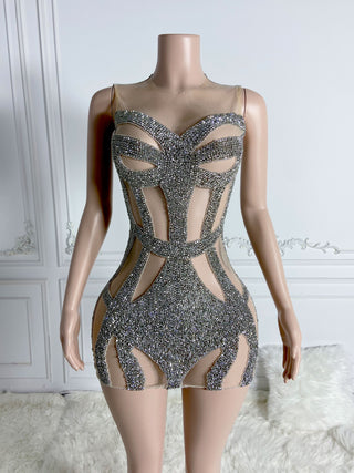 Ships in 1 to 3 Days - Glittering Cut-Out Bodice Mini Dress with Rhinestone Embellishments