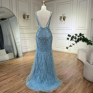 Ships in 1 to 3 Days - Arabic Blue Spaghetti Strap Feathers Beaded Luxury Dubai Evening Dresses Gowns For Women Wedding Party 2024