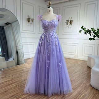 2024 Lilac Spaghetti Strap Lace-Up Back A-Line Appliques Feathers Prom Dress for Women Wedding Party