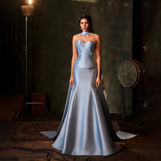 Blue Strapless Satin Mermaid Evening Gown with Long Scarf – 2025 Custom Saudi Design