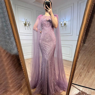 Pink Mermaid Evening Dress - Elegant Cape Sleeves with Luxury Feathers and Beading for Women's Party 2024