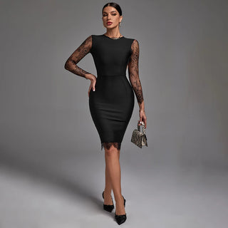 Women’s Elegant Black Lace Patchwork Dress - O-Neck Long Sleeve Knee-Length Bodycon Party Dress with Slit and Backless Design