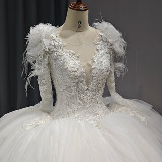 Elegant Long Sleeve Feather Puffy Ball Gown Bridal Wedding Dresses