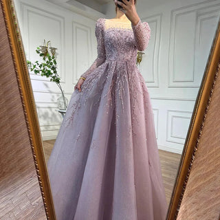 Ships in 1 to 3 Days - Muslim Pink A-Line Beaded Luxury Dubai Long Evening Dress - Gown for Women's Wedding Party 2024