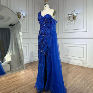 Royal Blue One Shoulder Beaded Mermaid Evening Dress with Split for Formal Occasion