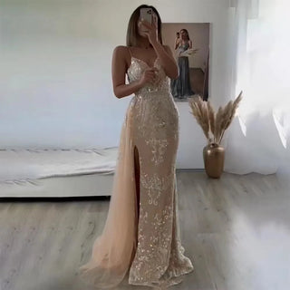 Nude Spaghetti Strap Luxury Evening Dress with Mermaid Silhouette and Beaded Elegant Overskirt - Women's Party Gown 2024