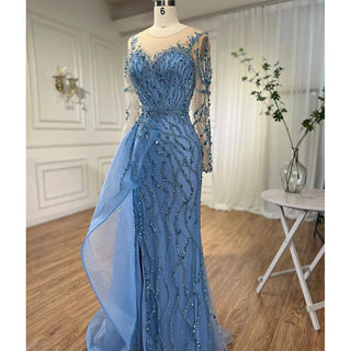 Blue Long Sleeve Elegant Mermaid Evening Dress - 2024 Women's Party Gown with High Side Split Skirt