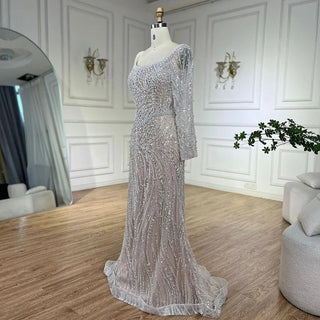 Ships in 1 to 3 Days - Muslim White Nude Elegant Mermaid Luxury Dubai Evening Dresses Gowns Pearls Beaded For Women Wedding Party