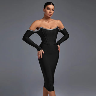 Elegant Off-The-Shoulder Black Maxi Dress - Long Sleeve Summer Formal Prom Evening Dress for Women