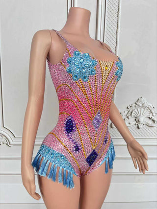 Vibrant Rhinestone Embellished Bodysuit with Fringe Detail