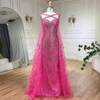 Feathered Fuchsia: 2024 Elegant Cap Sleeve Mermaid Evening Dress - Luxury Beaded Gown for Ladies' Wedding Party